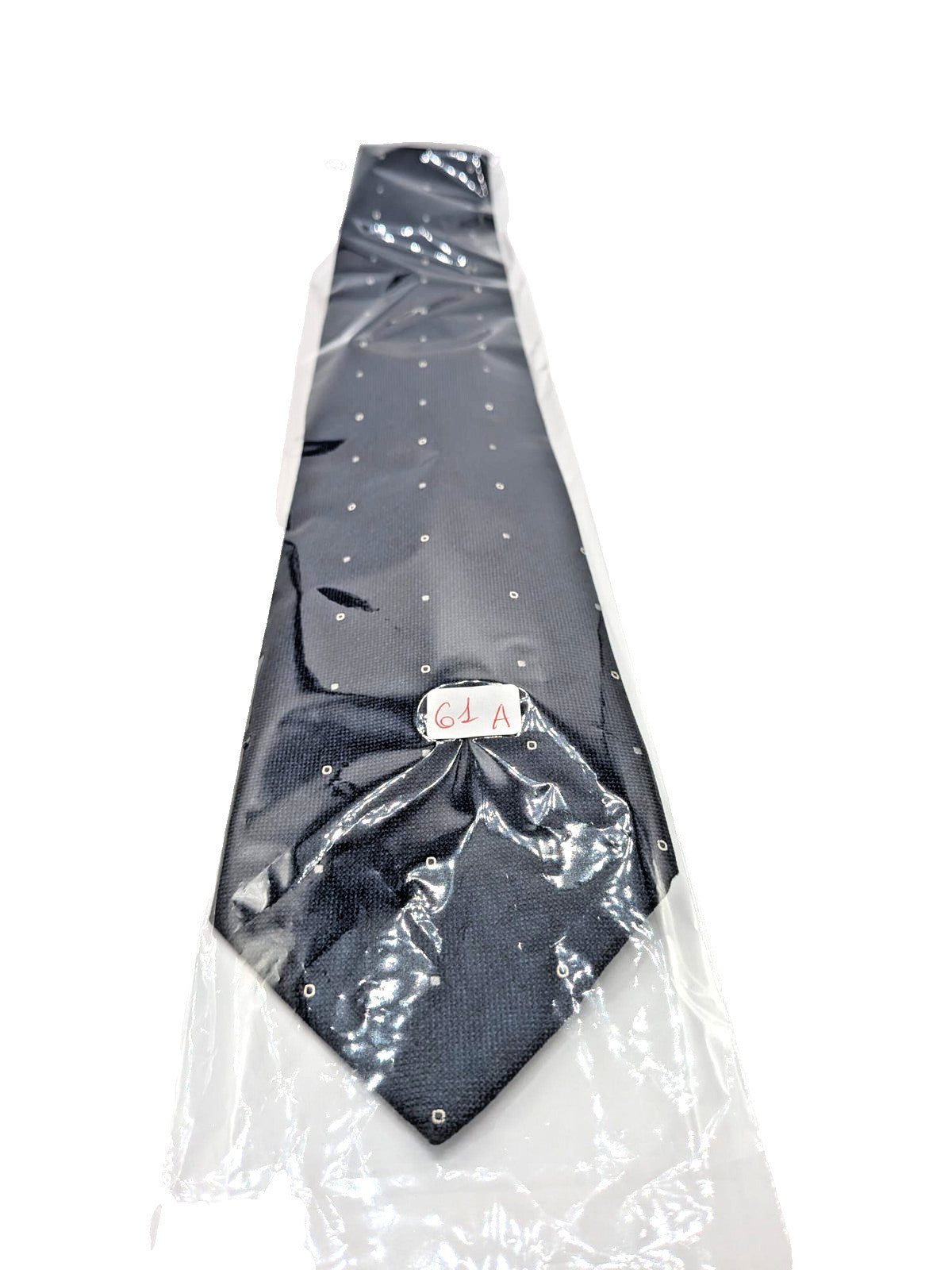 Hugo Parsons navy tie with geometric beige polka dot pattern, handmade in Italy.