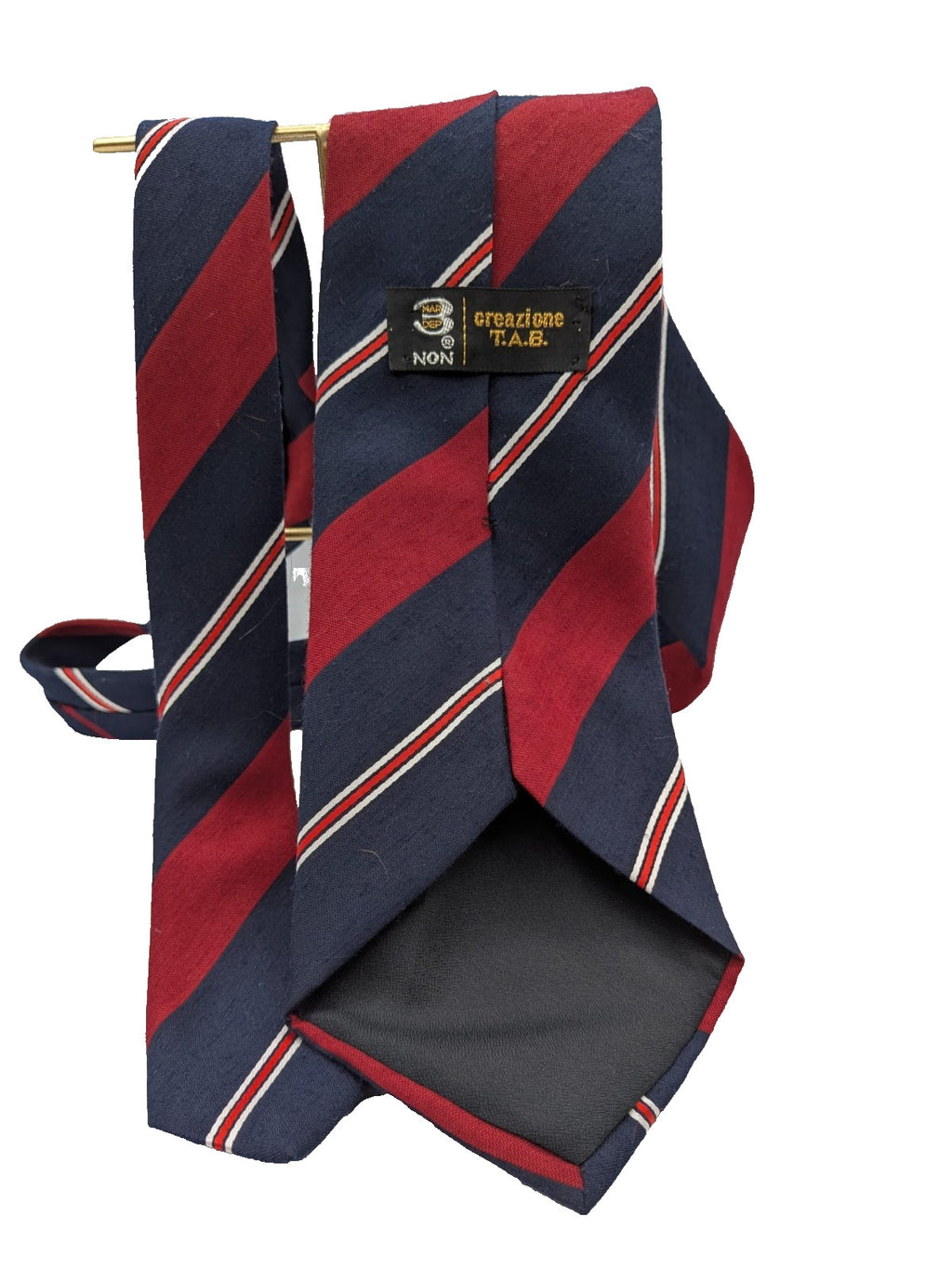 Blazer necktie navy with regimental diagonal stripes in blue, burgundy, white, and red.