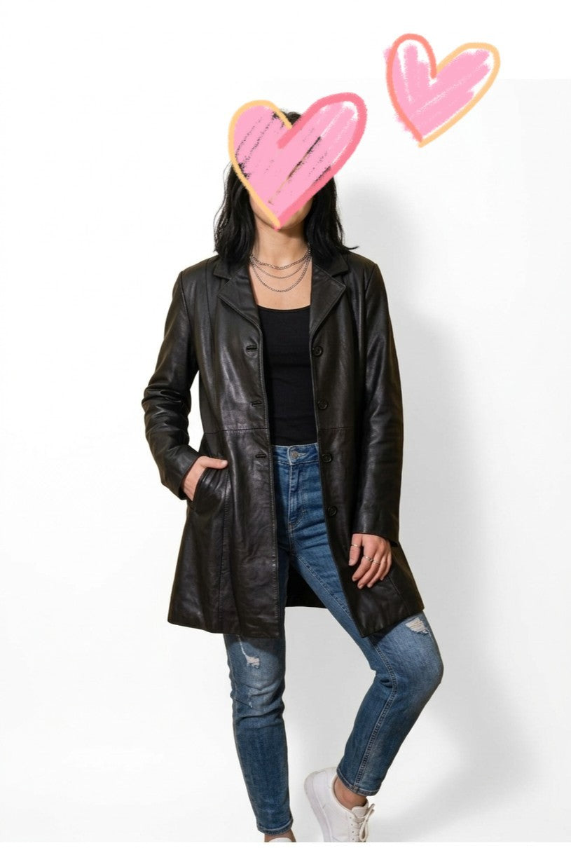 Giacca Vera Pelle Nera Vintage WILD CATS Taglia XL Cappotto Donna Stile Unico