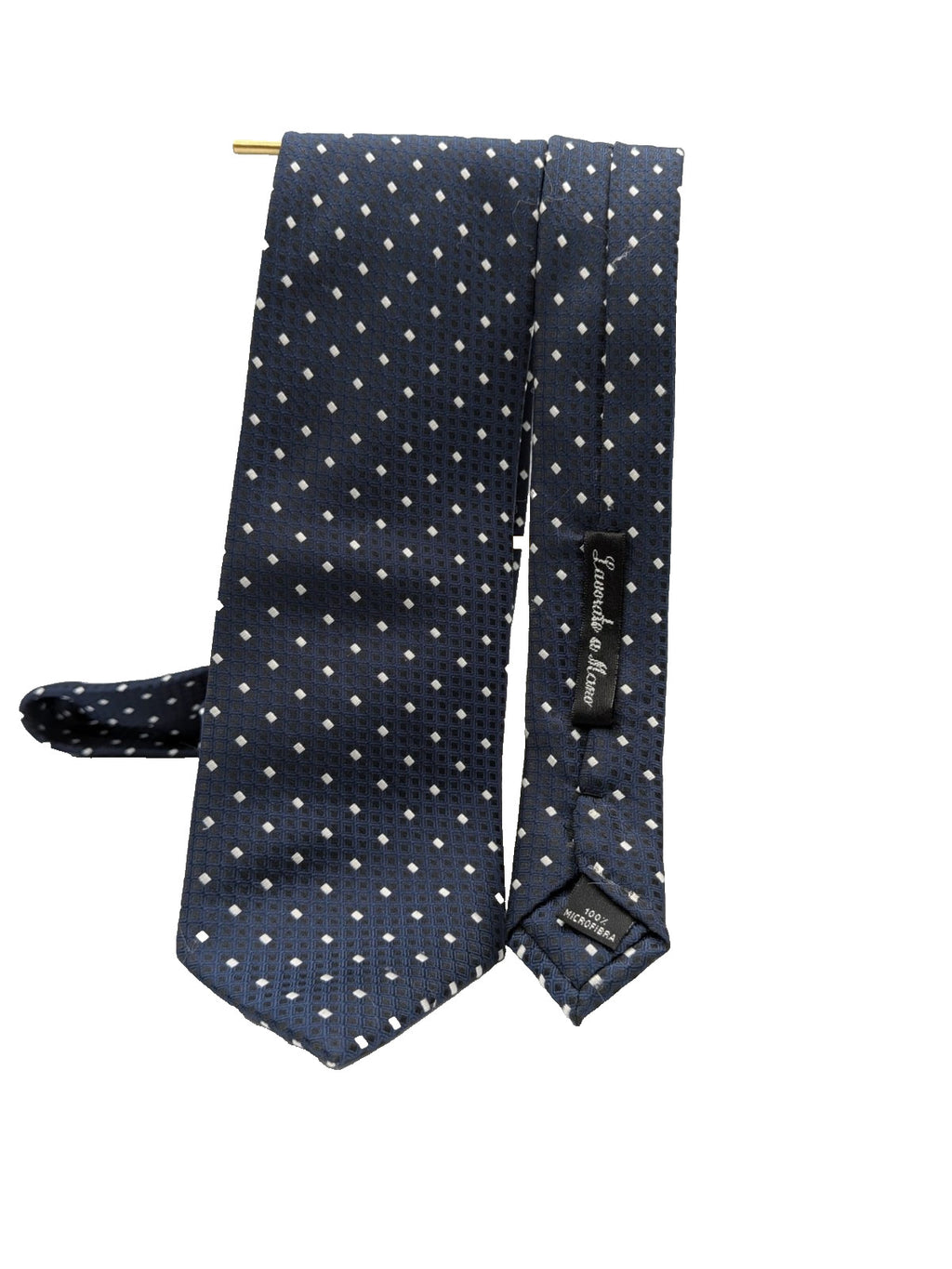 Uomo navy necktie with jacquard polka dot pattern and classic pointed style.