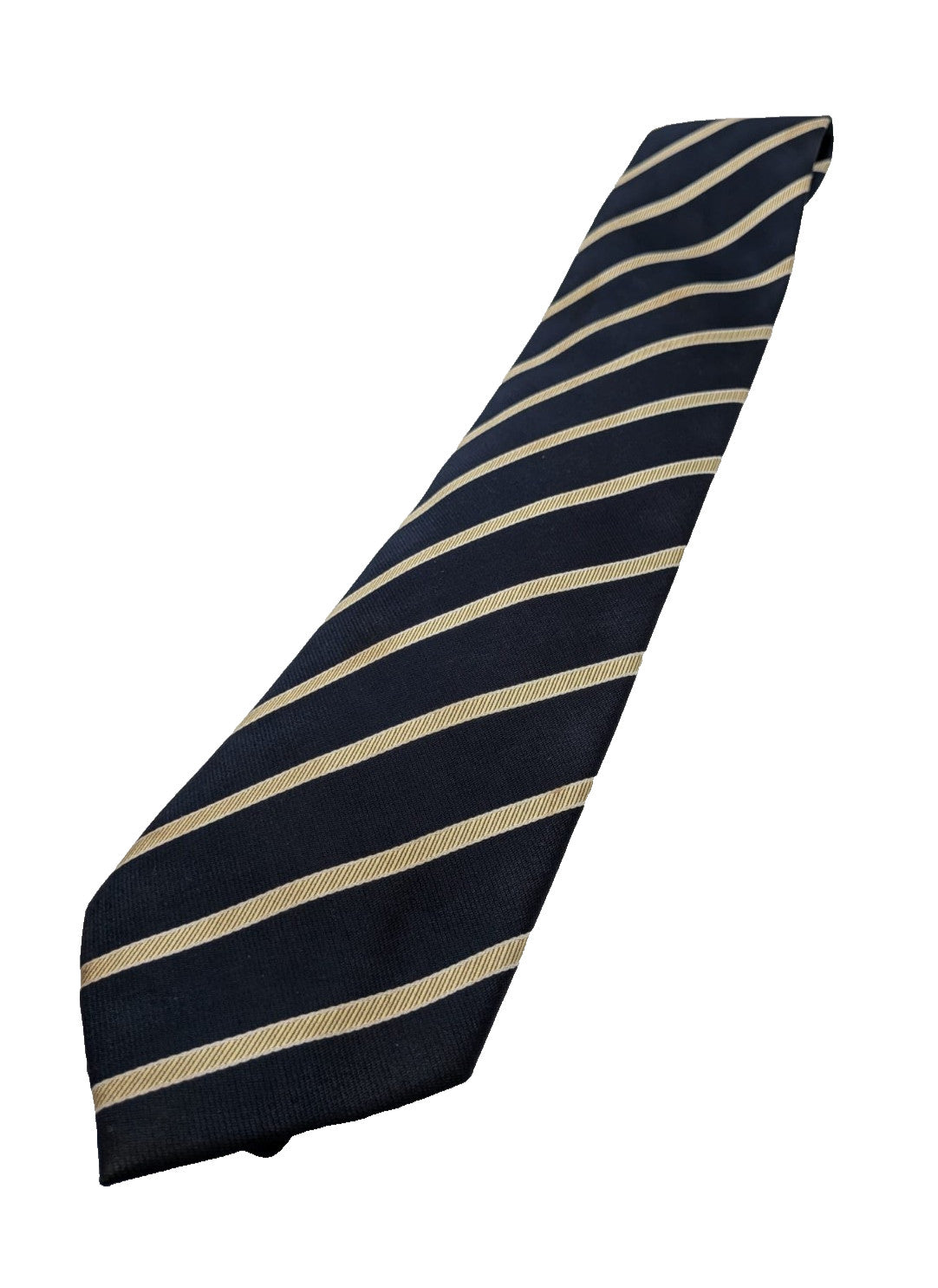 Blazer beige necktie with navy diagonal stripes and classic regimental pattern.
