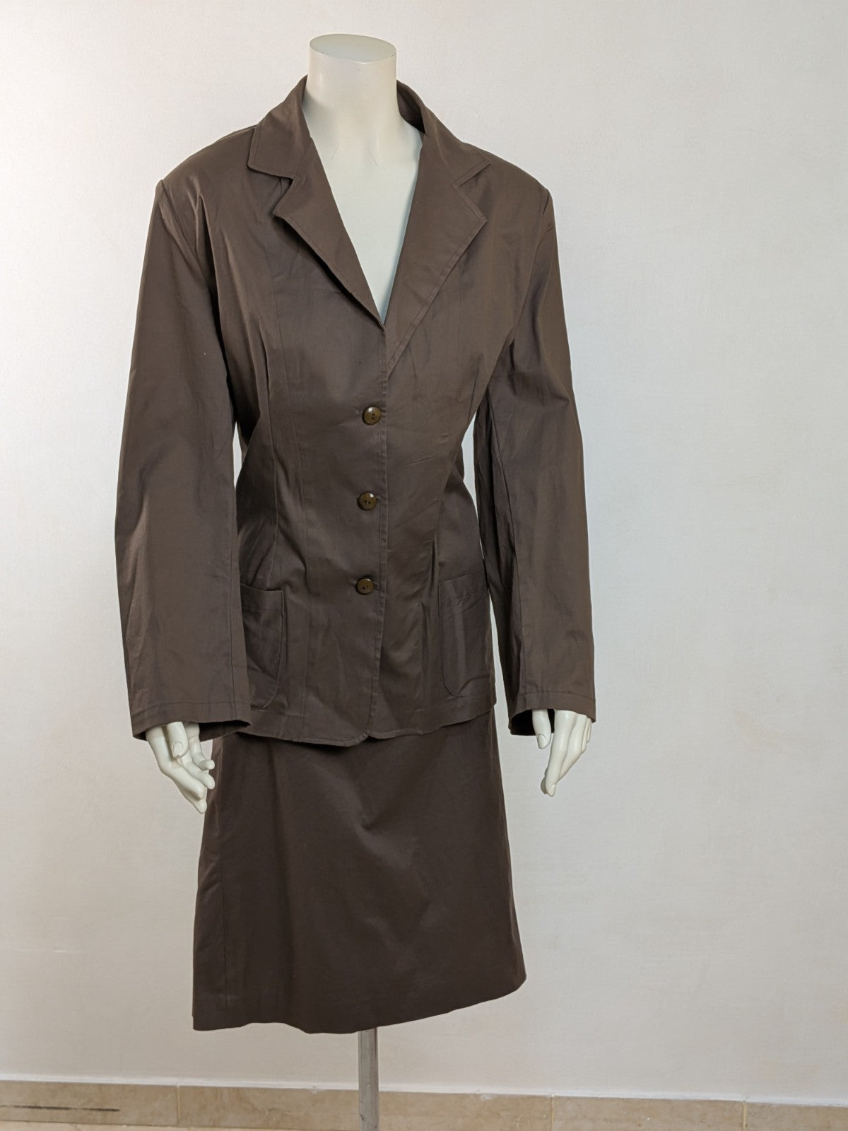 Tailleur Donna Vintage Marrone Cotone Fresco Giacca e Gonna Completo Taglia XL