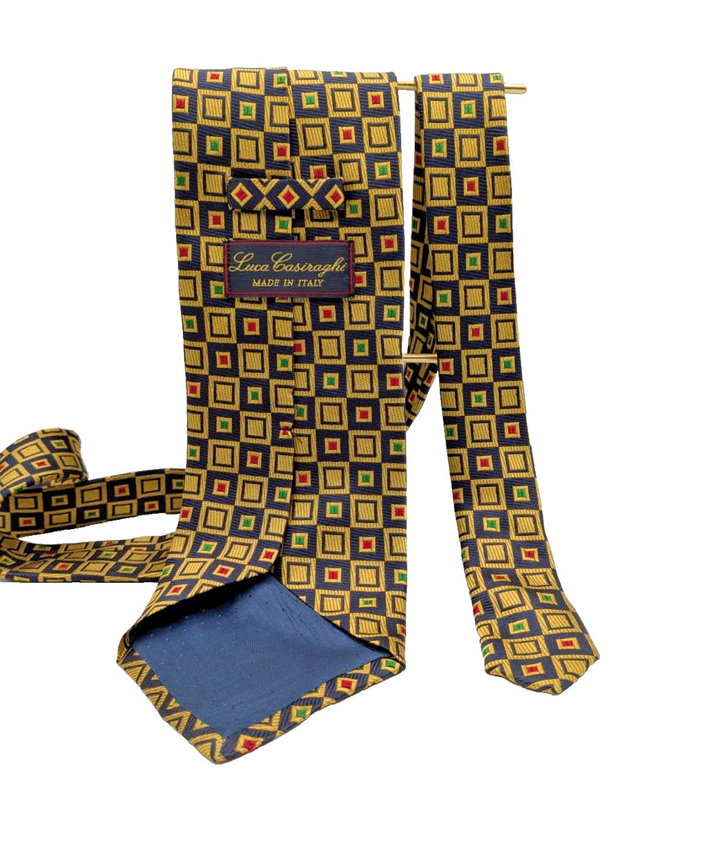 Cravatta Luca Casiraghi 100% Seta Blu Oro Geometrica Made in Italy Vintage Uomo