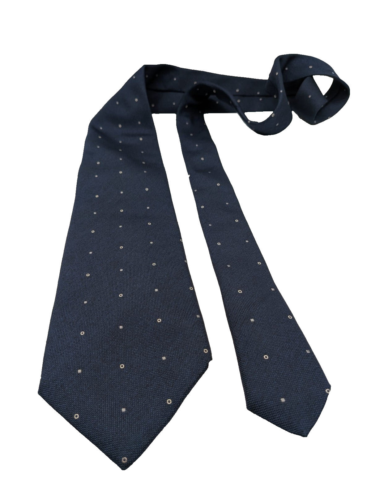 Hugo Parsons navy tie with geometric beige polka dot pattern, handmade in Italy.