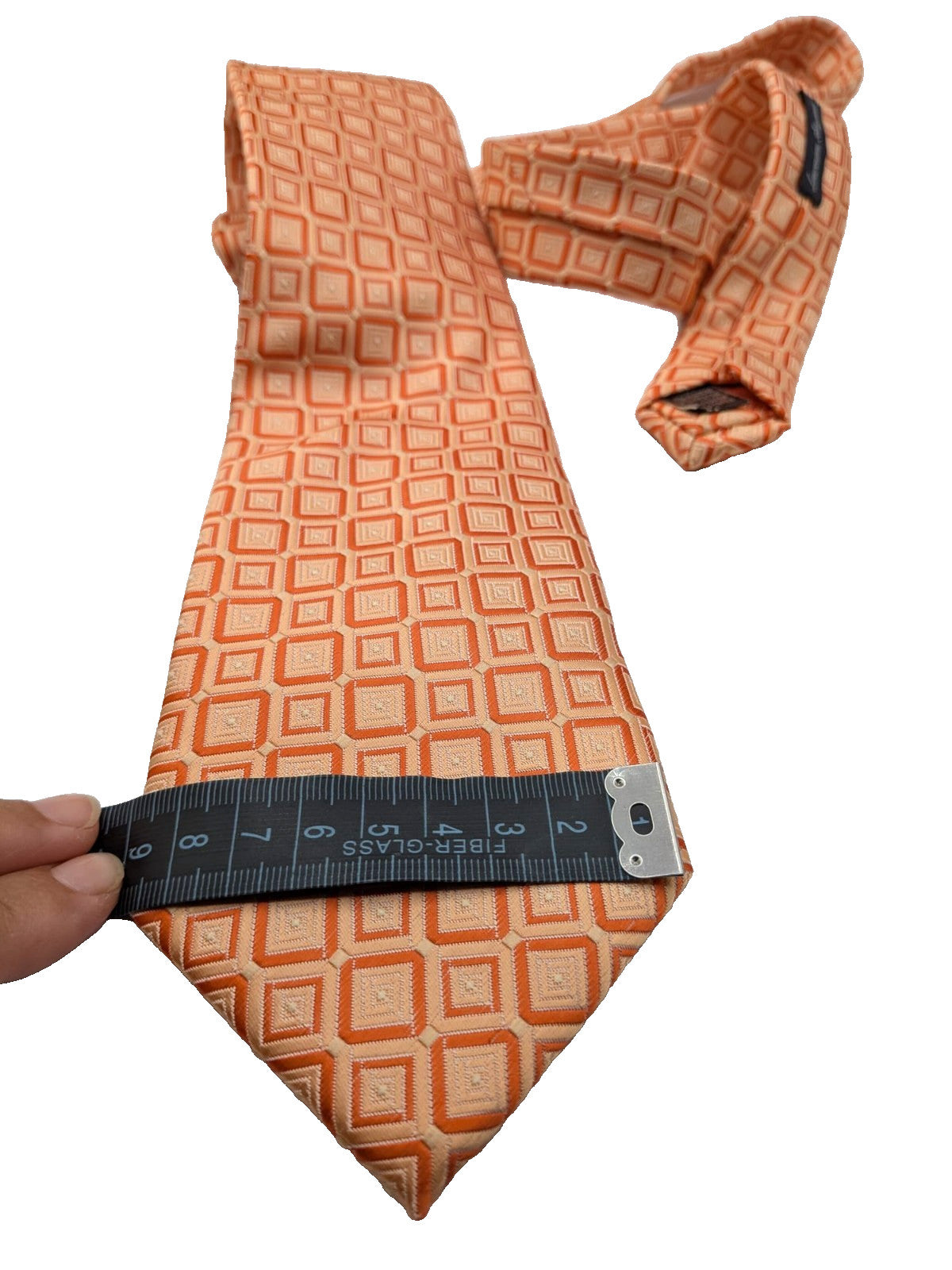 Cravatta Uomo Effetto Seta Arancio Pesca Fantasia Geometrica Elegante Vintage