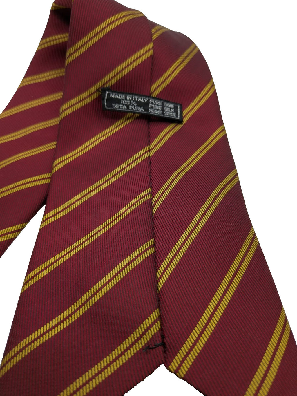 Bordeaux vintage necktie burgundy with gold diagonal stripes, 100% silk, classic regimental style.