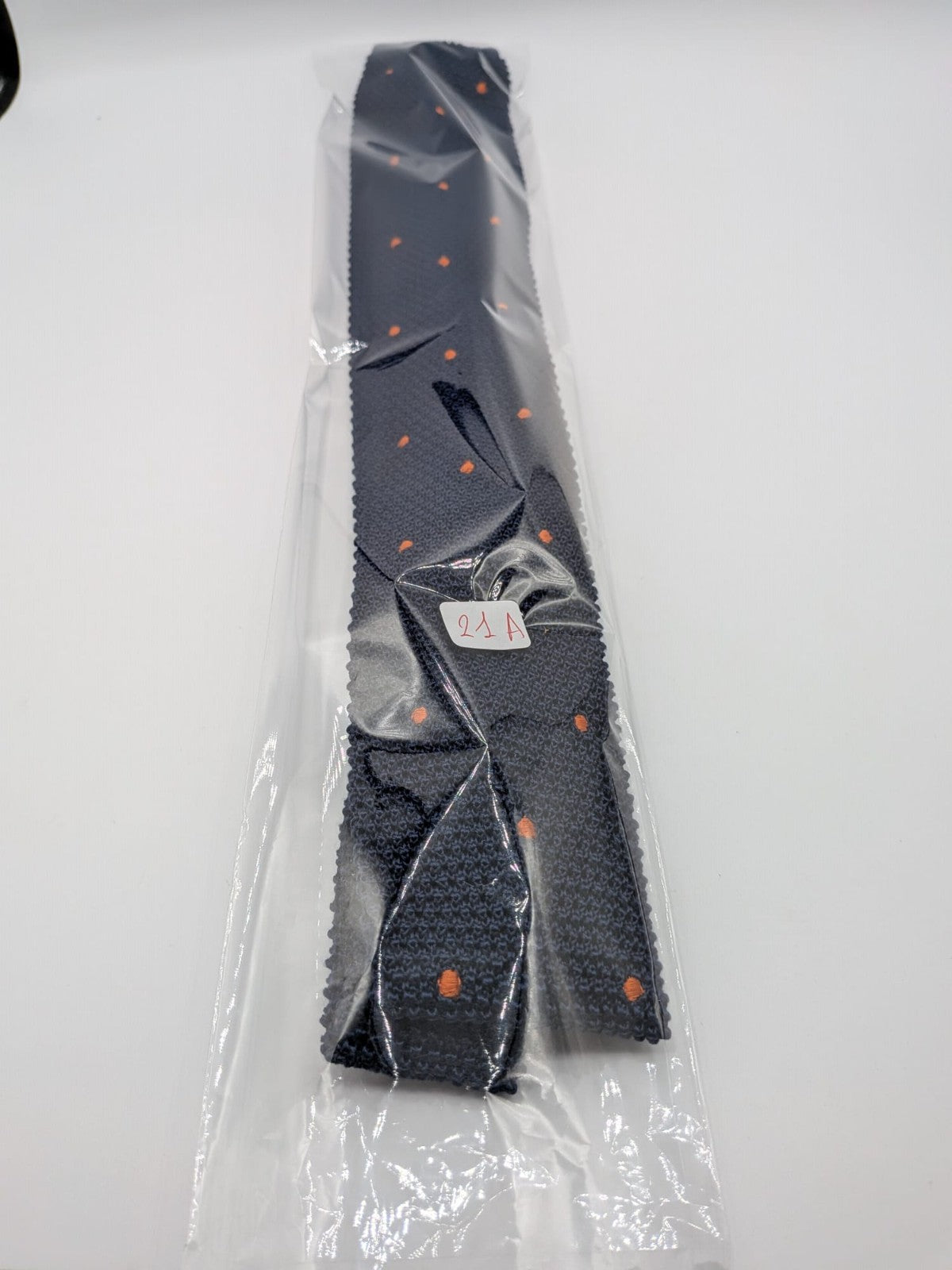 Cravatta a Maglia Uomo 100% Seta Blu Navy Pois Arancioni Knit Tie Made in Italy