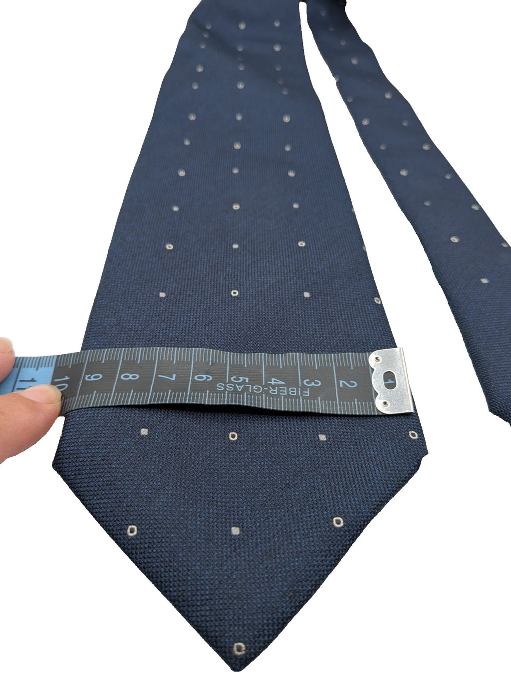Hugo Parsons navy tie with geometric beige polka dot pattern, handmade in Italy.