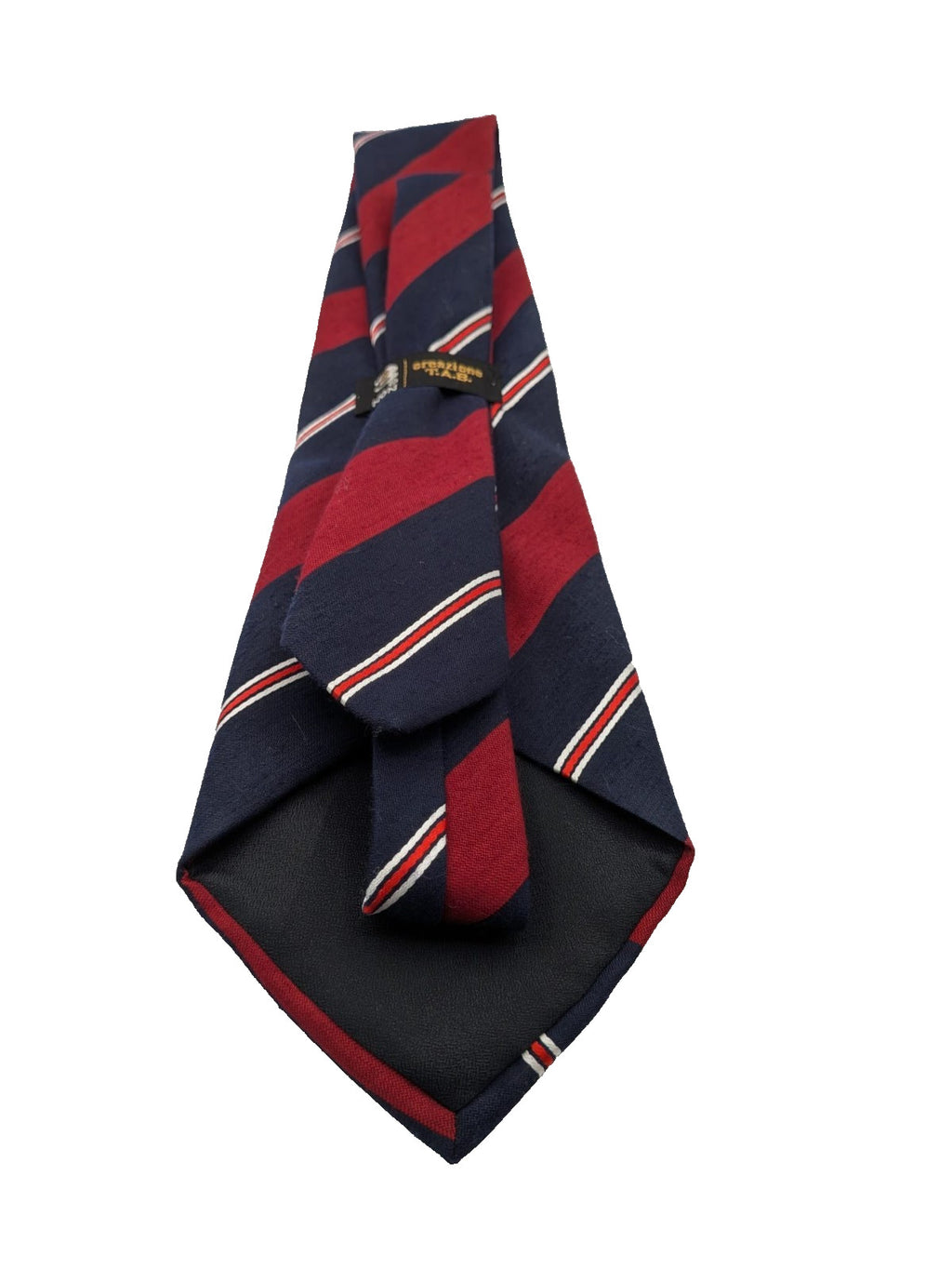 Blazer necktie navy with regimental diagonal stripes in blue, burgundy, white, and red.
