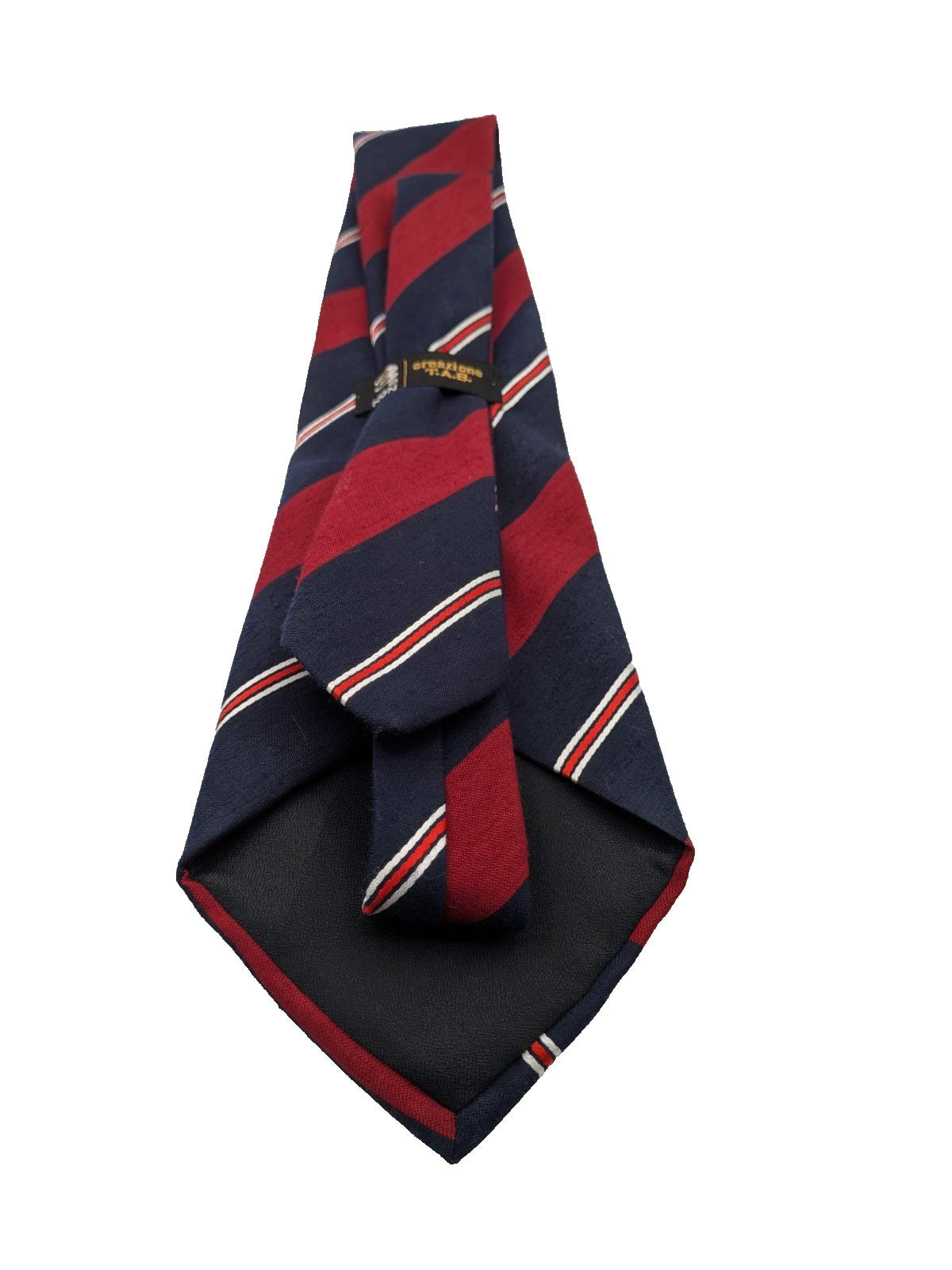 Blazer necktie navy with regimental diagonal stripes in blue, burgundy, white, and red.