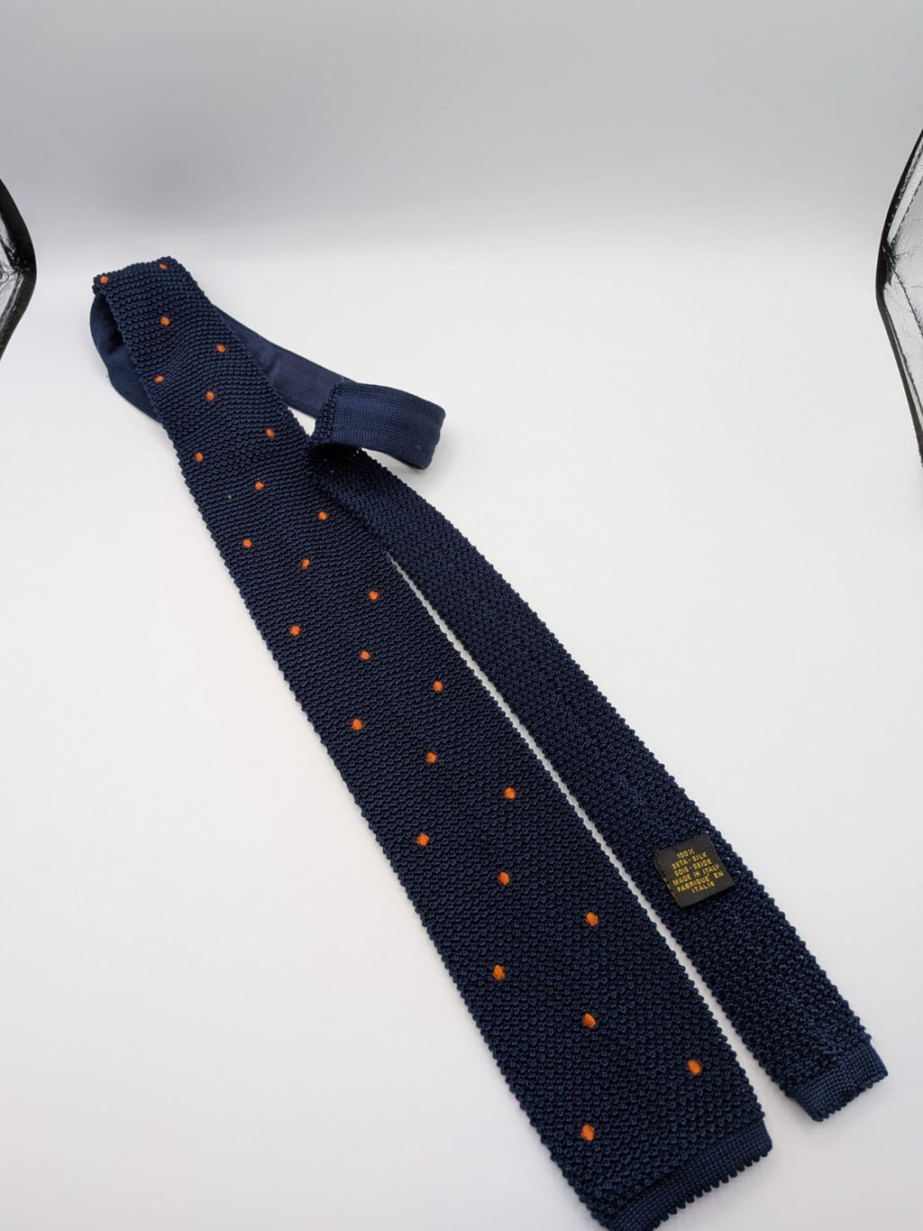 Cravatta a Maglia Uomo 100% Seta Blu Navy Pois Arancioni Knit Tie Made in Italy