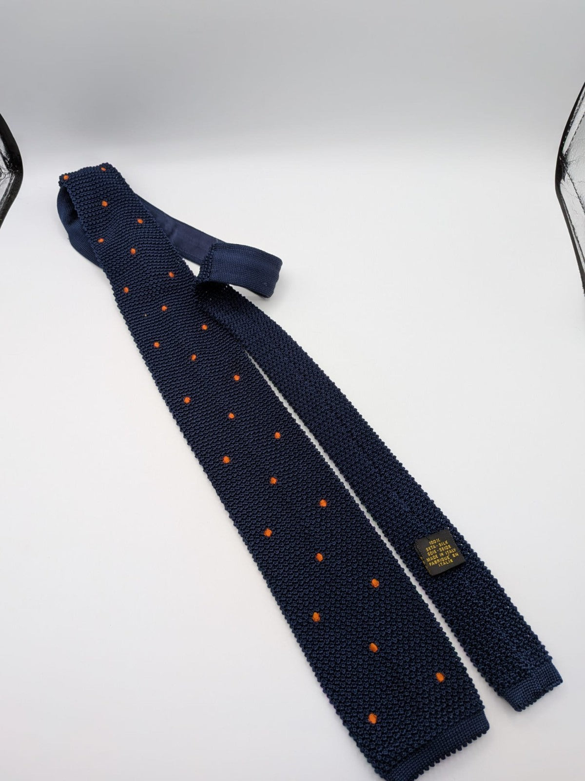 Cravatta a Maglia Uomo 100% Seta Blu Navy Pois Arancioni Knit Tie Made in Italy