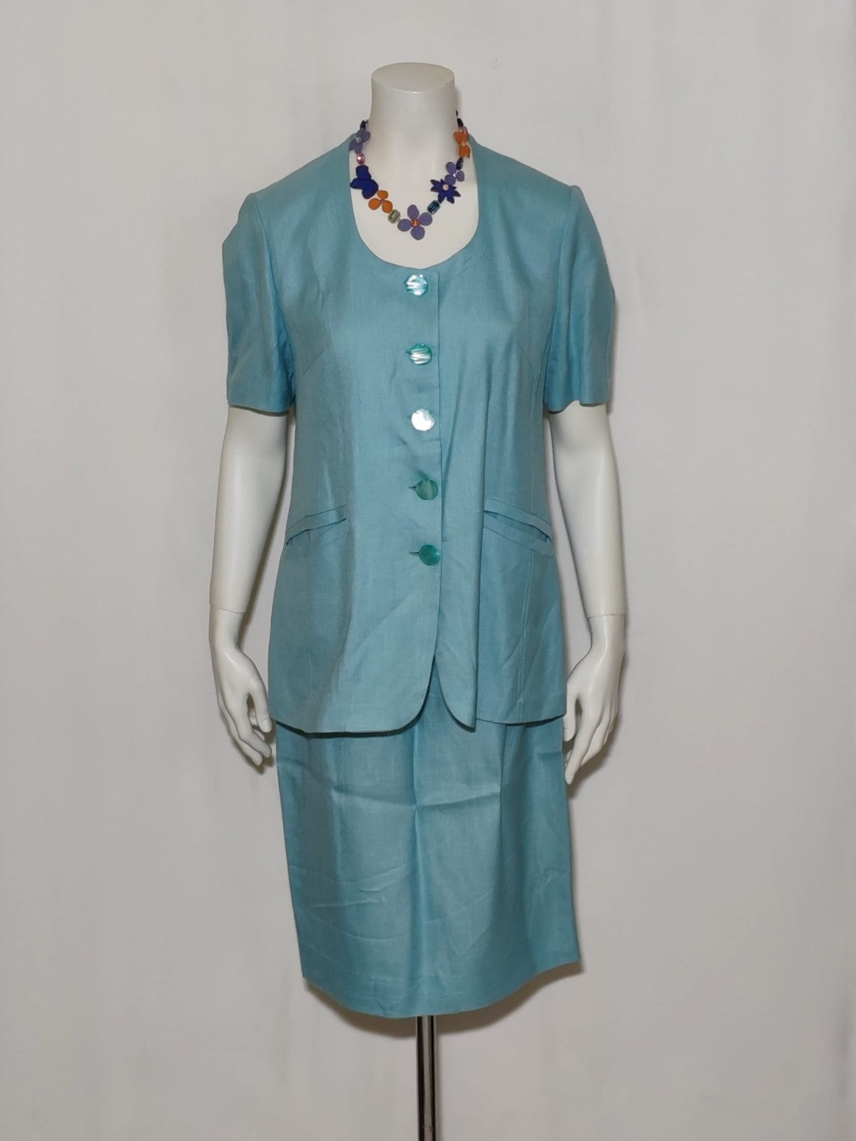 Tailleur Vintage Donna Azzurro Acqua Viscosa 100% Completo Gonna Giacca Italy 44