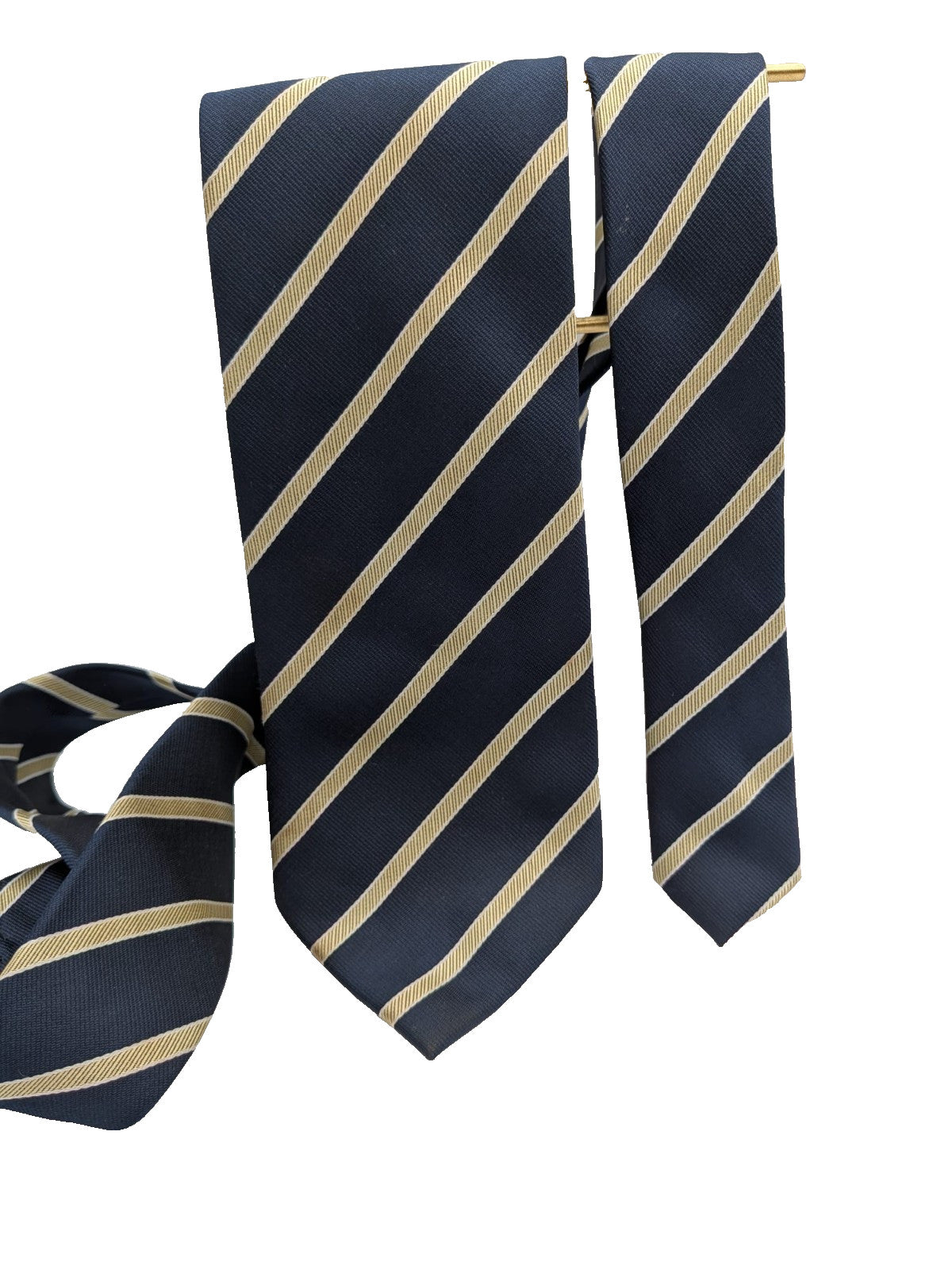 Blazer beige necktie with navy diagonal stripes and classic regimental pattern.