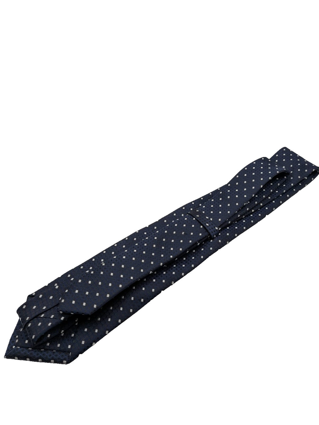 Uomo navy necktie with jacquard polka dot pattern and classic pointed style.
