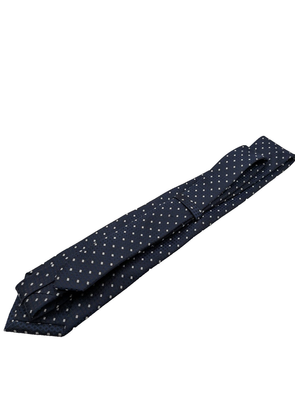 Uomo navy necktie with jacquard polka dot pattern and classic pointed style.