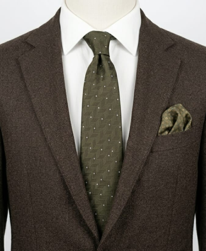 Cravatta VITALI 100% Seta Made in Italy Verde Militare Pois Geometria Silk Tie
