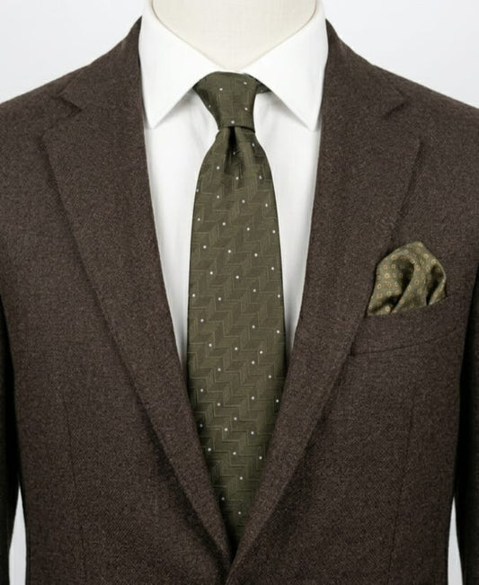Cravatta VITALI 100% Seta Made in Italy Verde Militare Pois Geometria Silk Tie