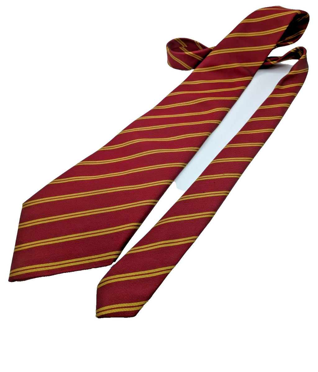 Bordeaux vintage necktie burgundy with gold diagonal stripes, 100% silk, classic regimental style.