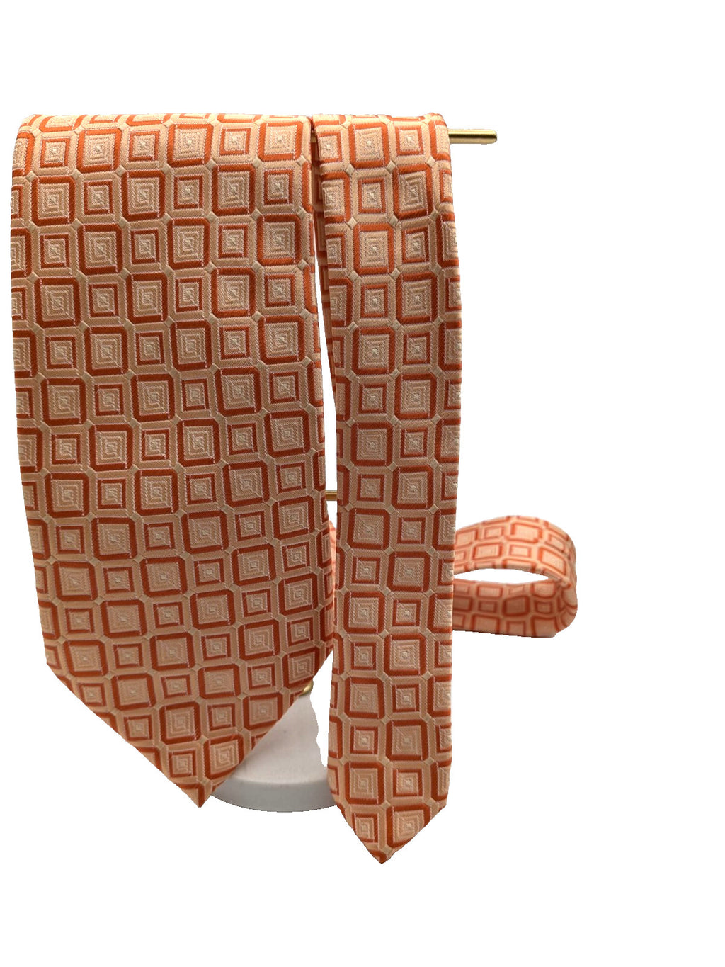 Cravatta Uomo Effetto Seta Arancio Pesca Fantasia Geometrica Elegante Vintage