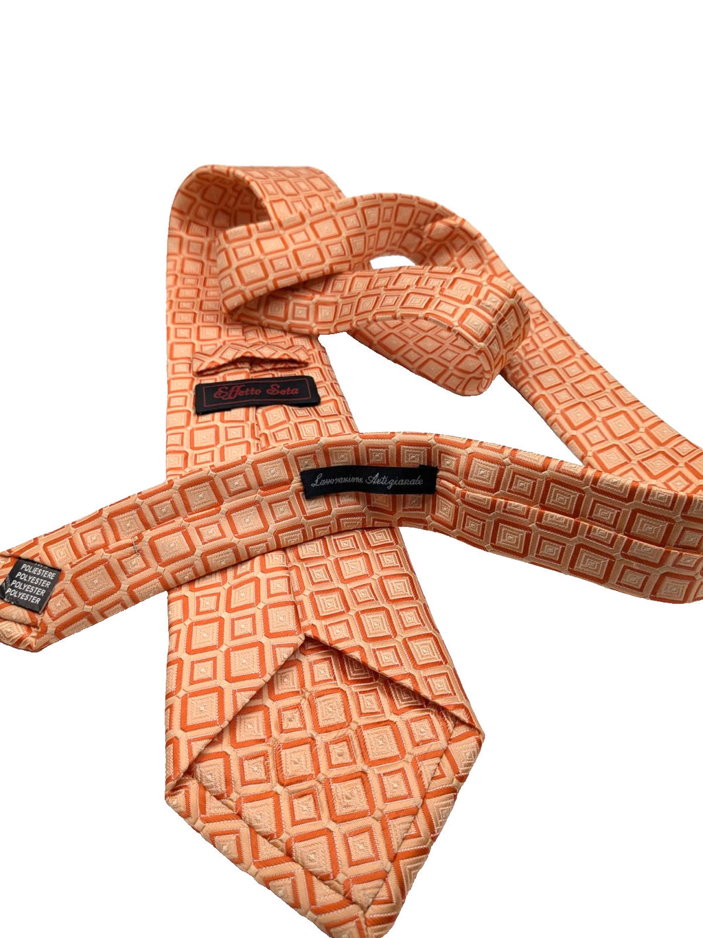 Cravatta Uomo Effetto Seta Arancio Pesca Fantasia Geometrica Elegante Vintage