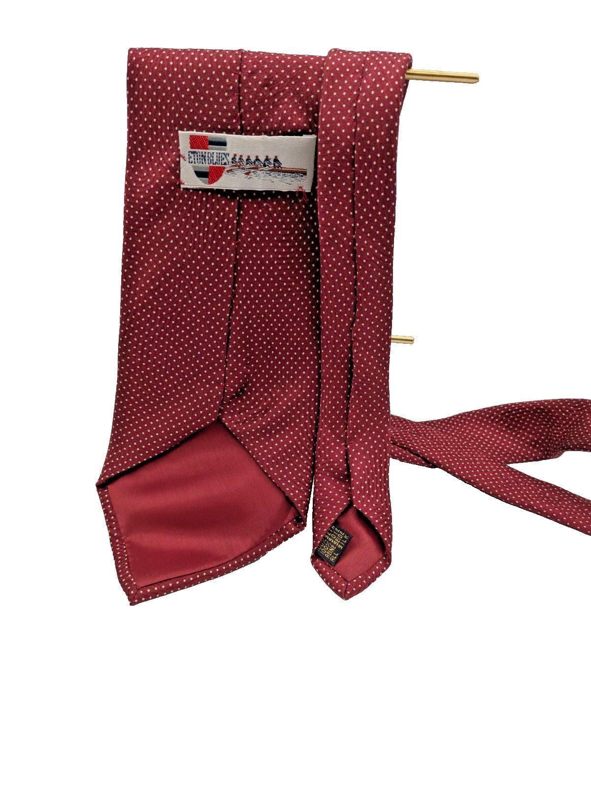 Bordeaux navy necktie 100% silk with cream polka dot pattern and original label.