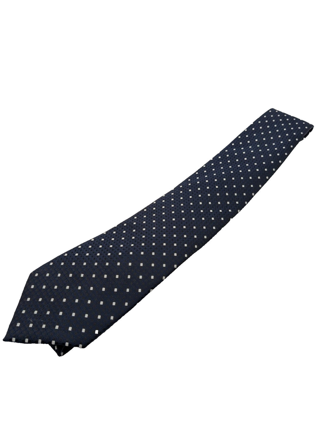 Uomo navy necktie with jacquard polka dot pattern and classic pointed style.