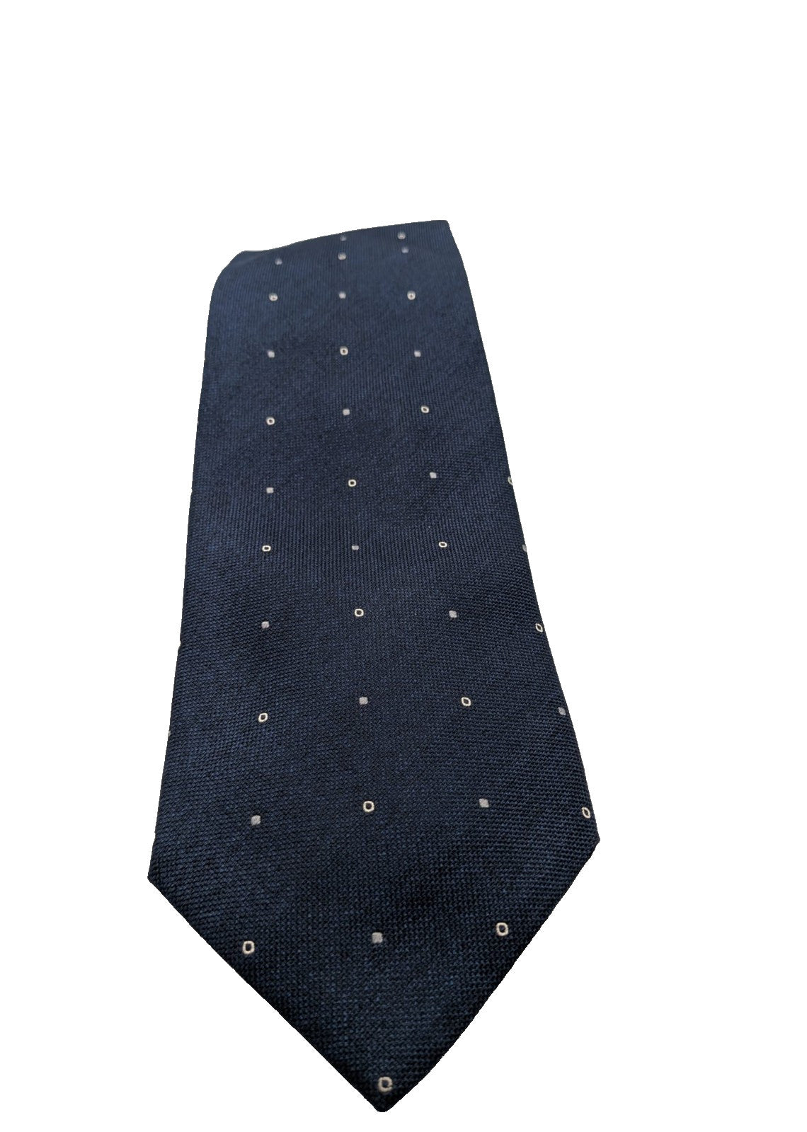 Hugo Parsons navy tie with geometric beige polka dot pattern, handmade in Italy.