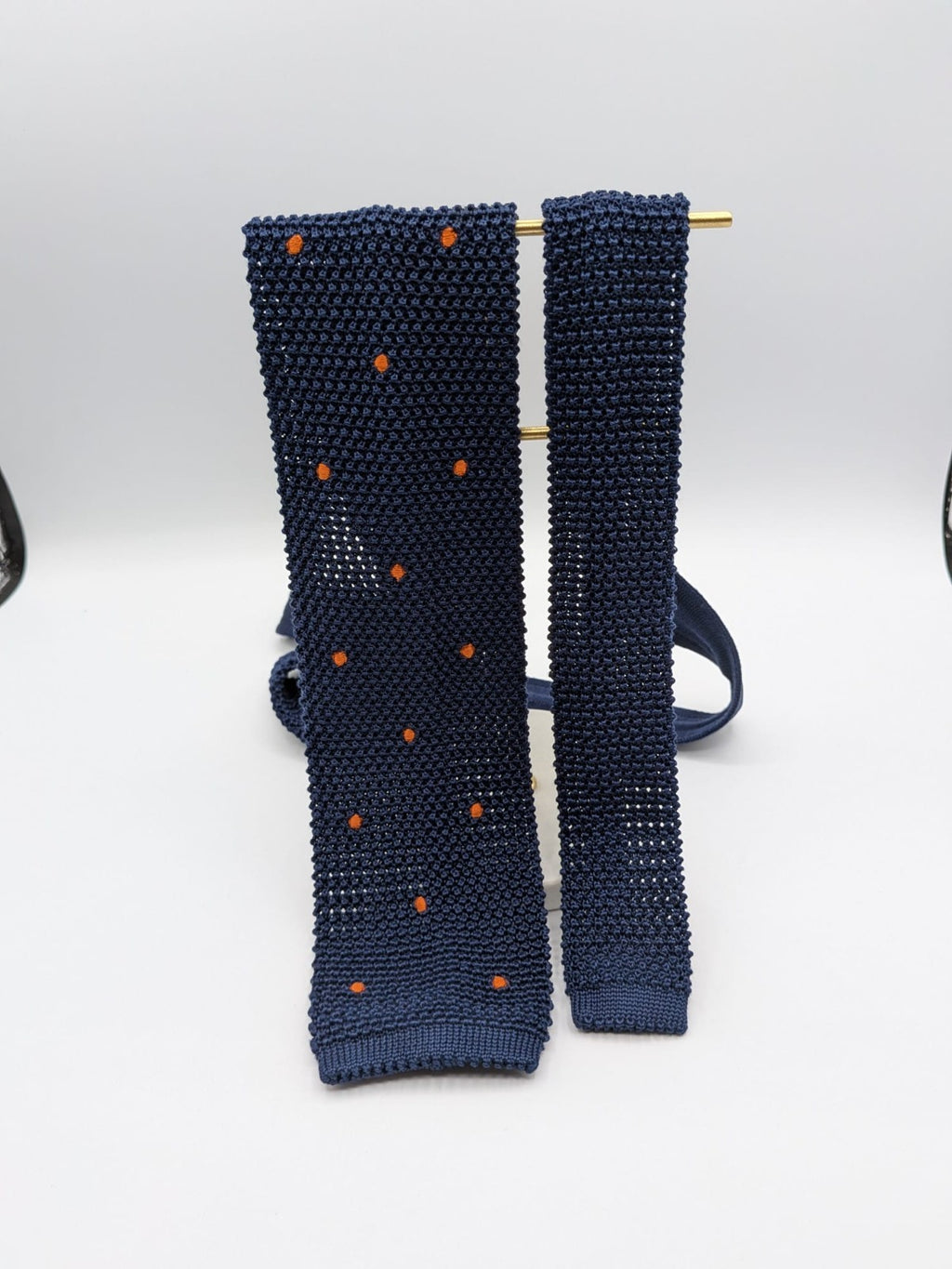 Cravatta a Maglia Uomo 100% Seta Blu Navy Pois Arancioni Knit Tie Made in Italy