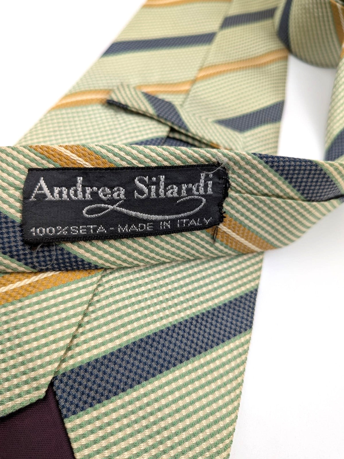 Andrea Silardi Cravatta Uomo 100% Seta Righe Verde Salvia Blu Oro Made in Italy